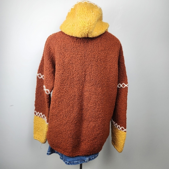 Hand Knit Chunky Hooded Wool Zip Jacket Size L Cozycore Brown Yellow Cozy Knit - Picture 5 of 12